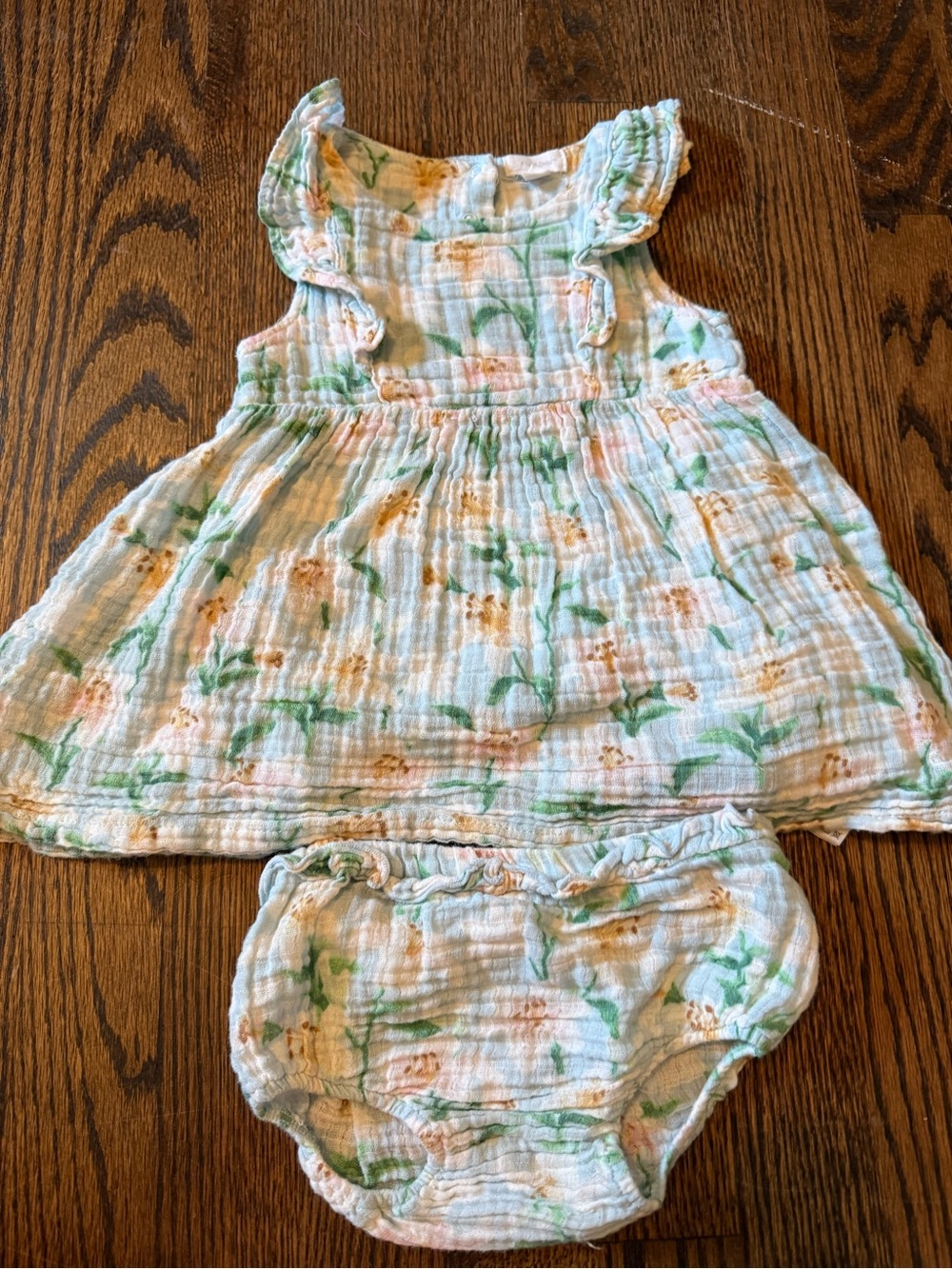 Angel Dear White Muslin Dress & Bloomers with Green and Peach Floral Print